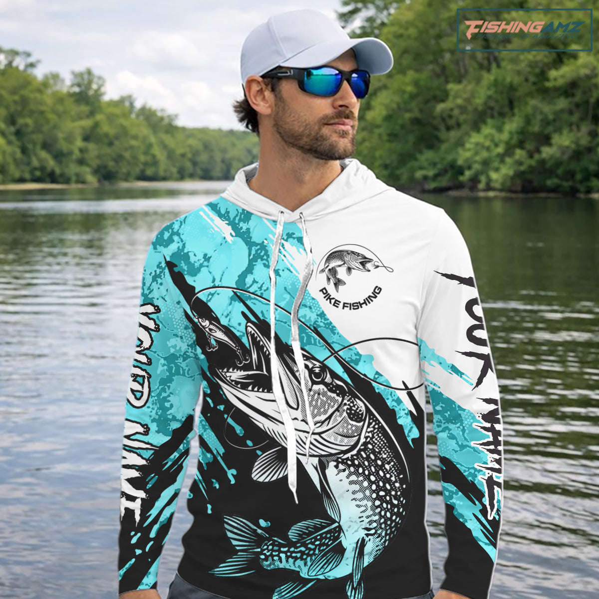 Personalized Turquoise Northern Pike Fishing Jersey, Team Pike Fishing Long Sleeve Hooded Shirt NHT817