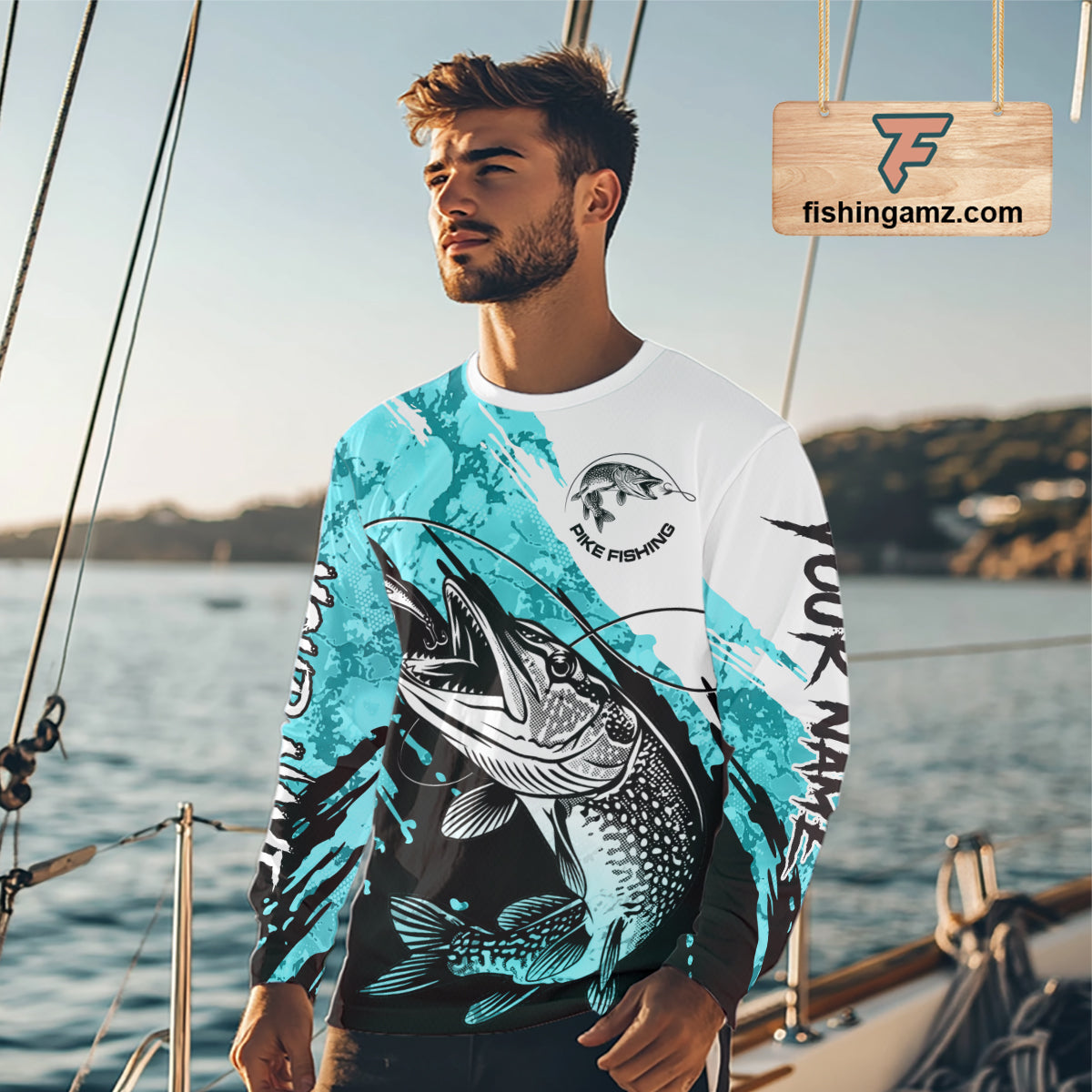 Personalized Turquoise Northern Pike Fishing Jersey, Team Pike Fishing Long Sleeve Shirt NHT817
