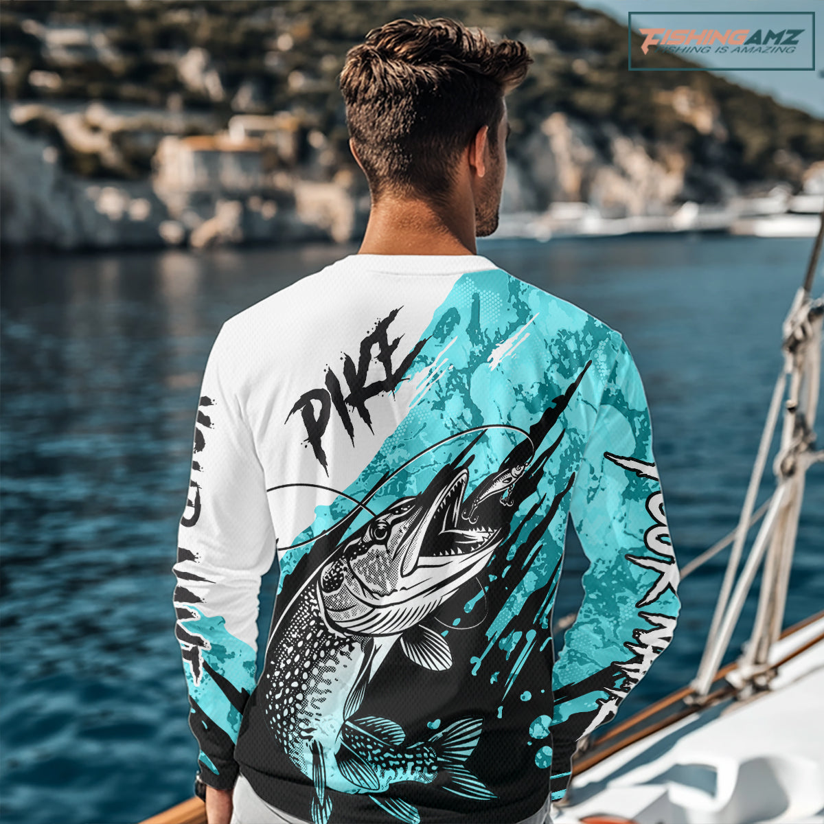 Personalized Turquoise Northern Pike Fishing Jersey, Team Pike Fishing Long Sleeve Shirt NHT817