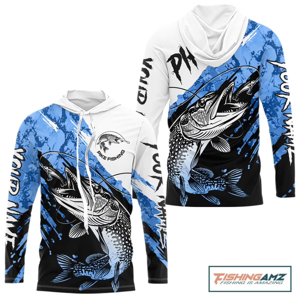 Personalized Blue Northern Pike Fishing Jersey, Team Pike Fishing Long Sleeve Hooded Tournament Shirt NHT818