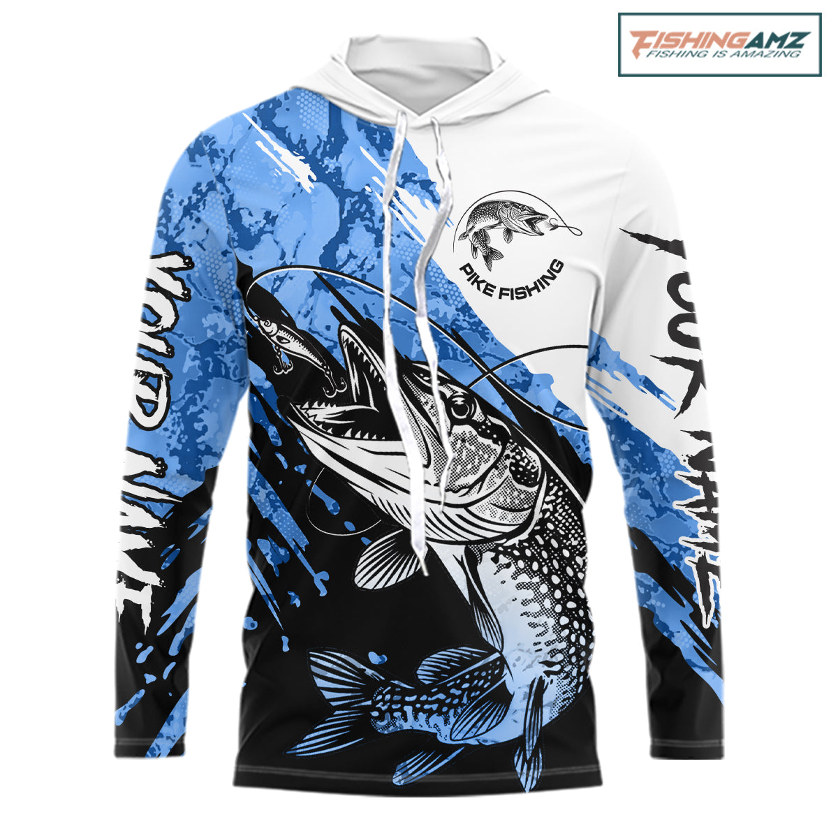 Personalized Blue Northern Pike Fishing Jersey, Team Pike Fishing Long Sleeve Hooded Tournament Shirt NHT818