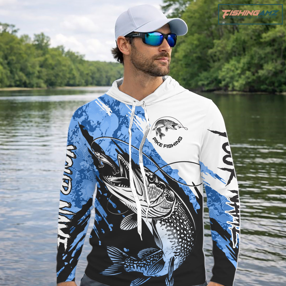 Personalized Blue Northern Pike Fishing Jersey, Team Pike Fishing Long Sleeve Hooded Tournament Shirt NHT818