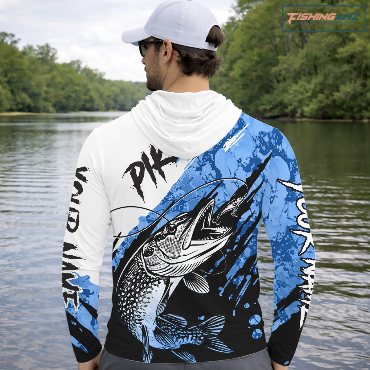 Personalized Blue Northern Pike Fishing Jersey, Team Pike Fishing Long Sleeve Hooded Tournament Shirt NHT818