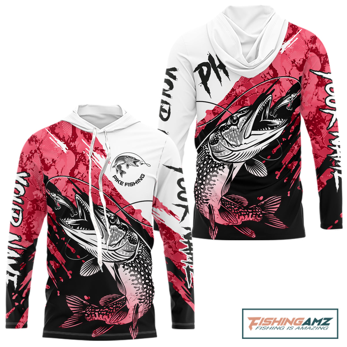 Personalized Red Northern Pike Fishing Jersey, Team Pike Fishing Long Sleeve Hooded Tournament Shirt NHT819