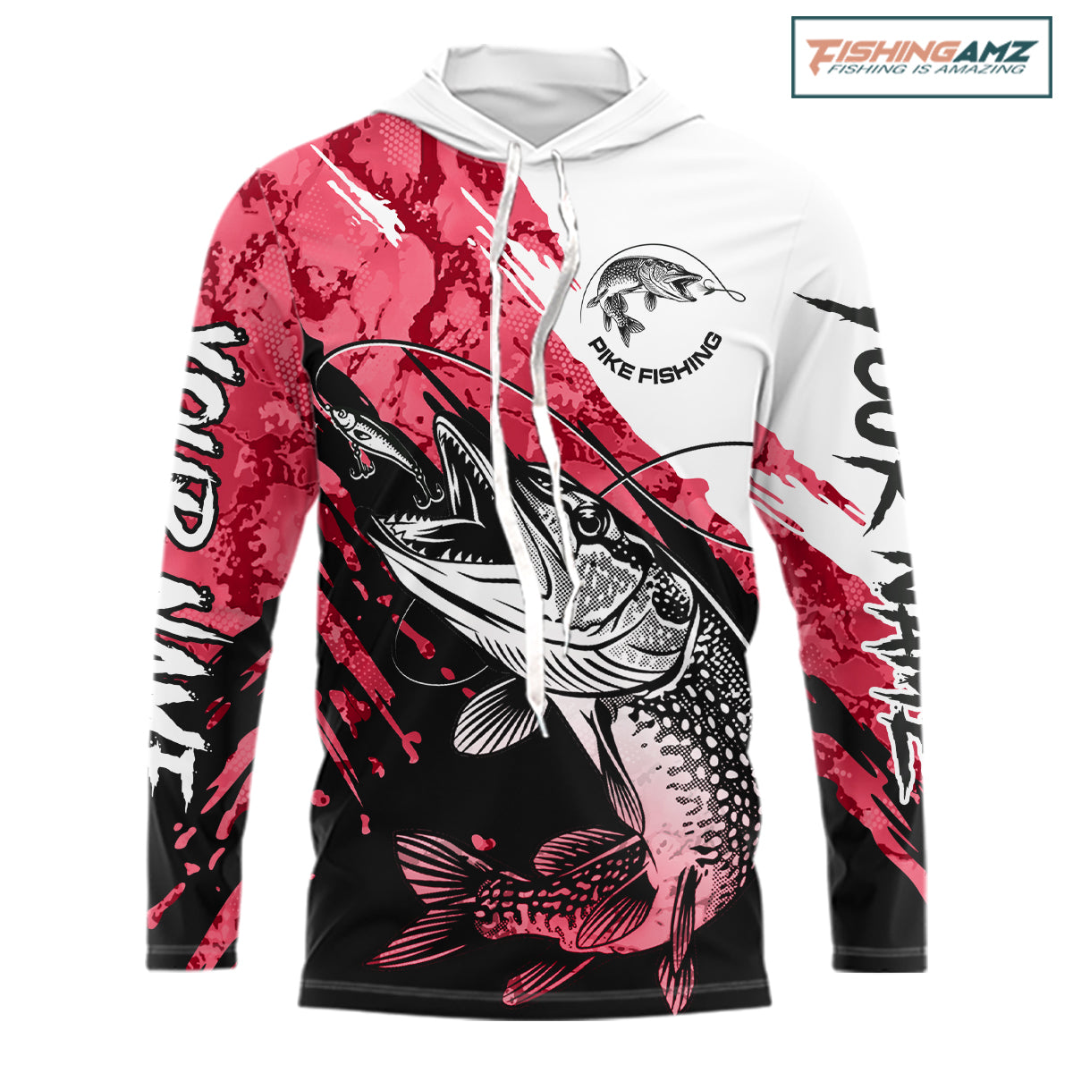 Personalized Red Northern Pike Fishing Jersey, Team Pike Fishing Long Sleeve Hooded Tournament Shirt NHT819