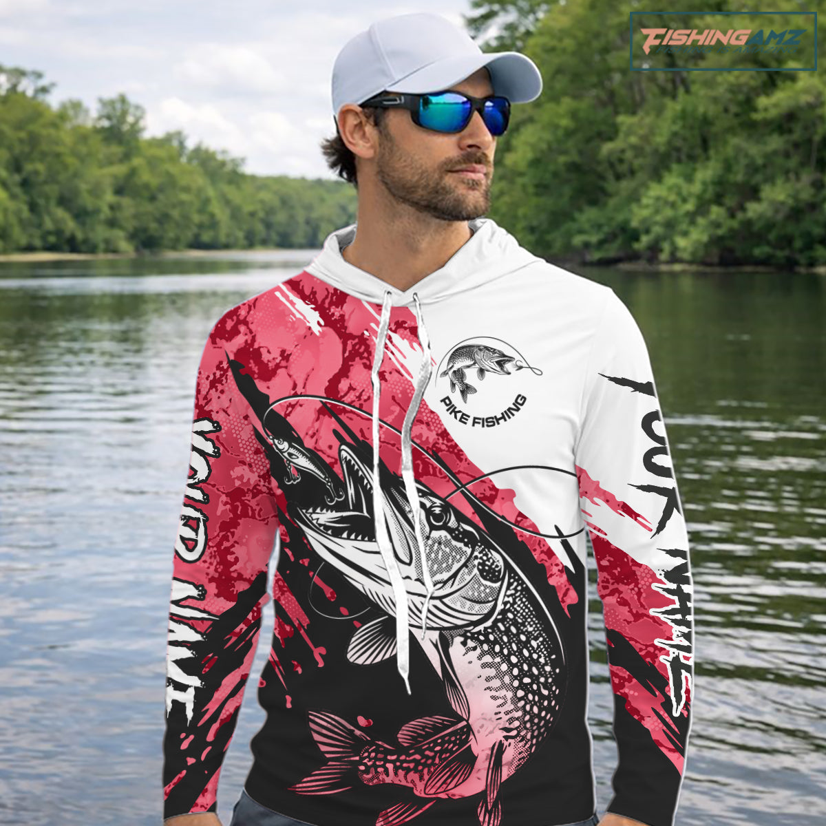 Personalized Red Northern Pike Fishing Jersey, Team Pike Fishing Long Sleeve Hooded Tournament Shirt NHT819
