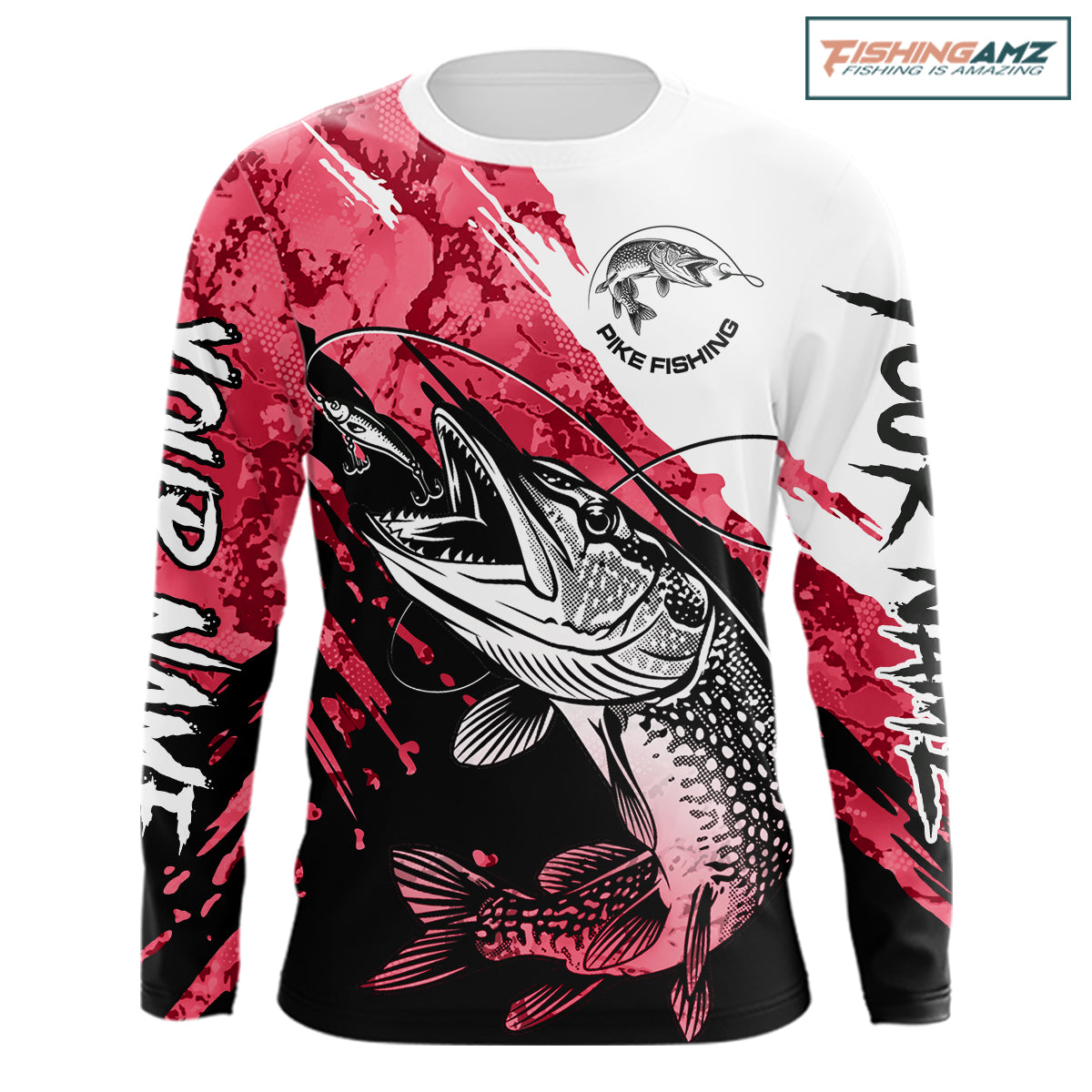 Personalized Red Northern Pike Fishing Jersey, Team Pike Fishing Long Sleeve Tournament Shirt NHT819