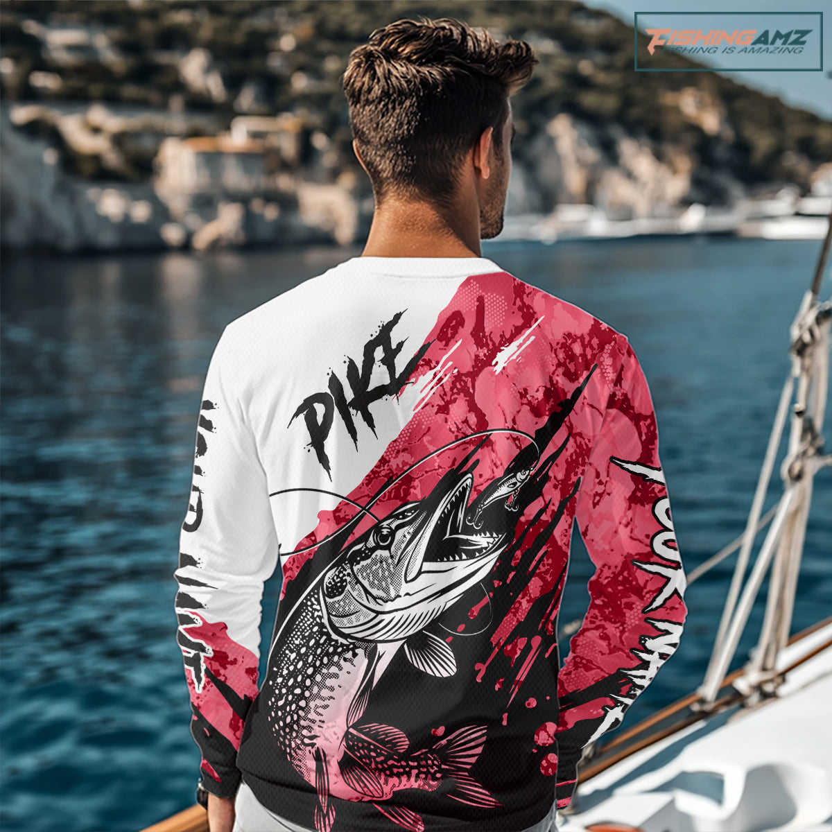 Personalized Red Northern Pike Fishing Jersey, Team Pike Fishing Long Sleeve Tournament Shirt NHT819