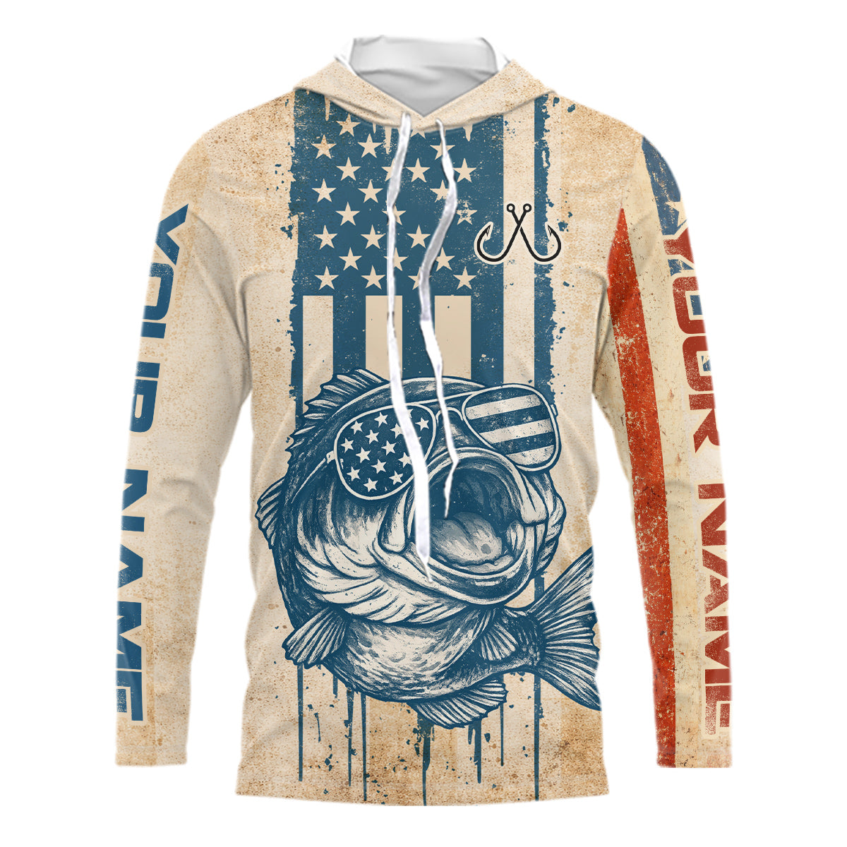 Custom Vintage Bass Funny Hooded Long Sleeve Fishing Shirt For Men, Bass Patriotic Fishing Shirt NHT601