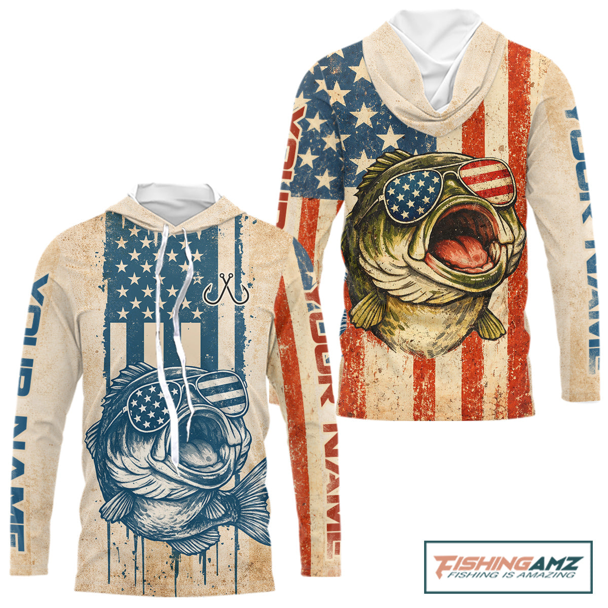 Custom Vintage Bass Funny Hooded Long Sleeve Fishing Shirt For Men, Bass Patriotic Fishing Shirt NHT601