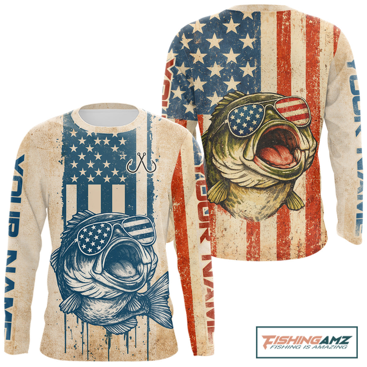 Custom Vintage Bass Funny Long Sleeve Fishing Shirt For Men, Bass Patriotic Fishing Shirt NHT601