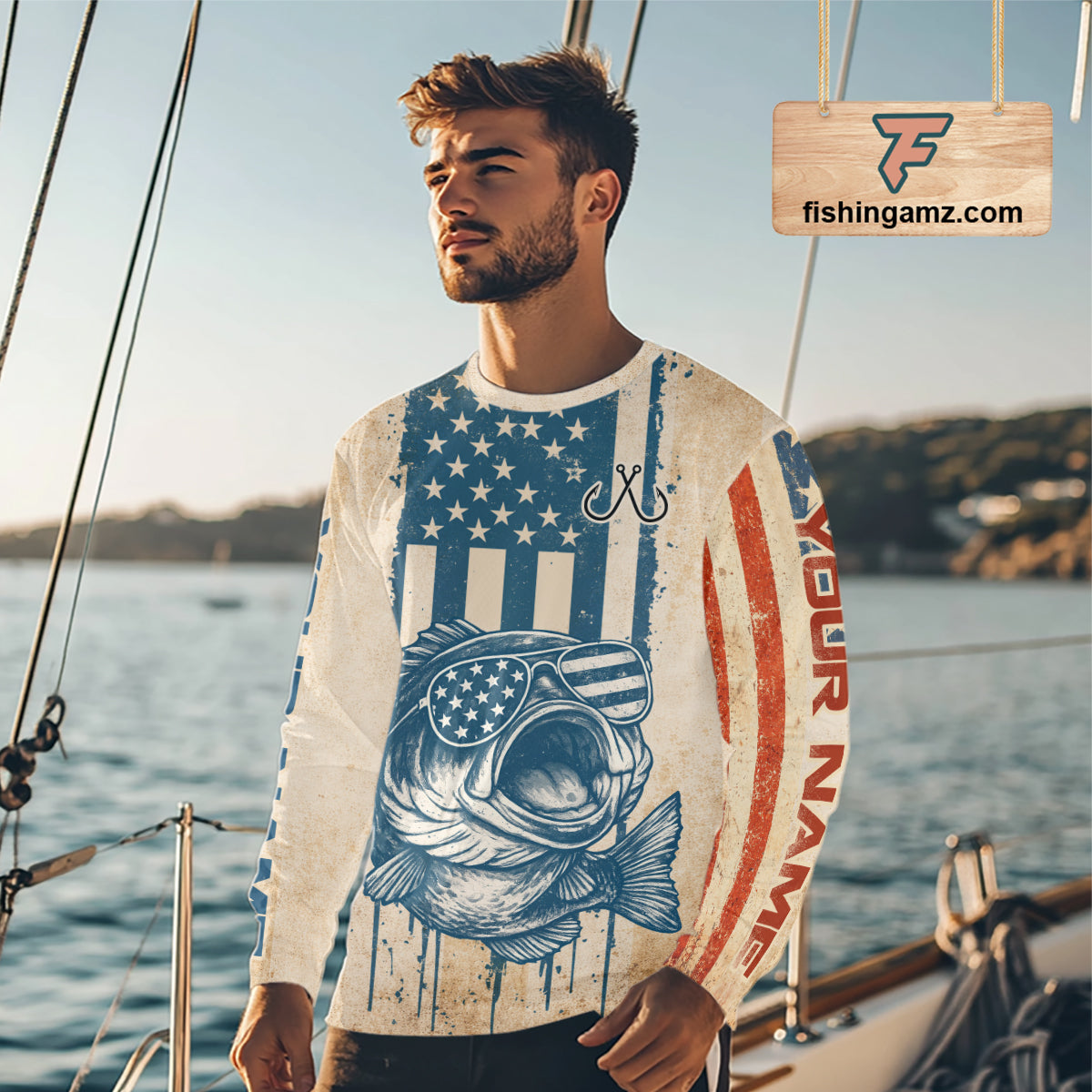 Custom Vintage Bass Funny Long Sleeve Fishing Shirt For Men, Bass Patriotic Fishing Shirt NHT601