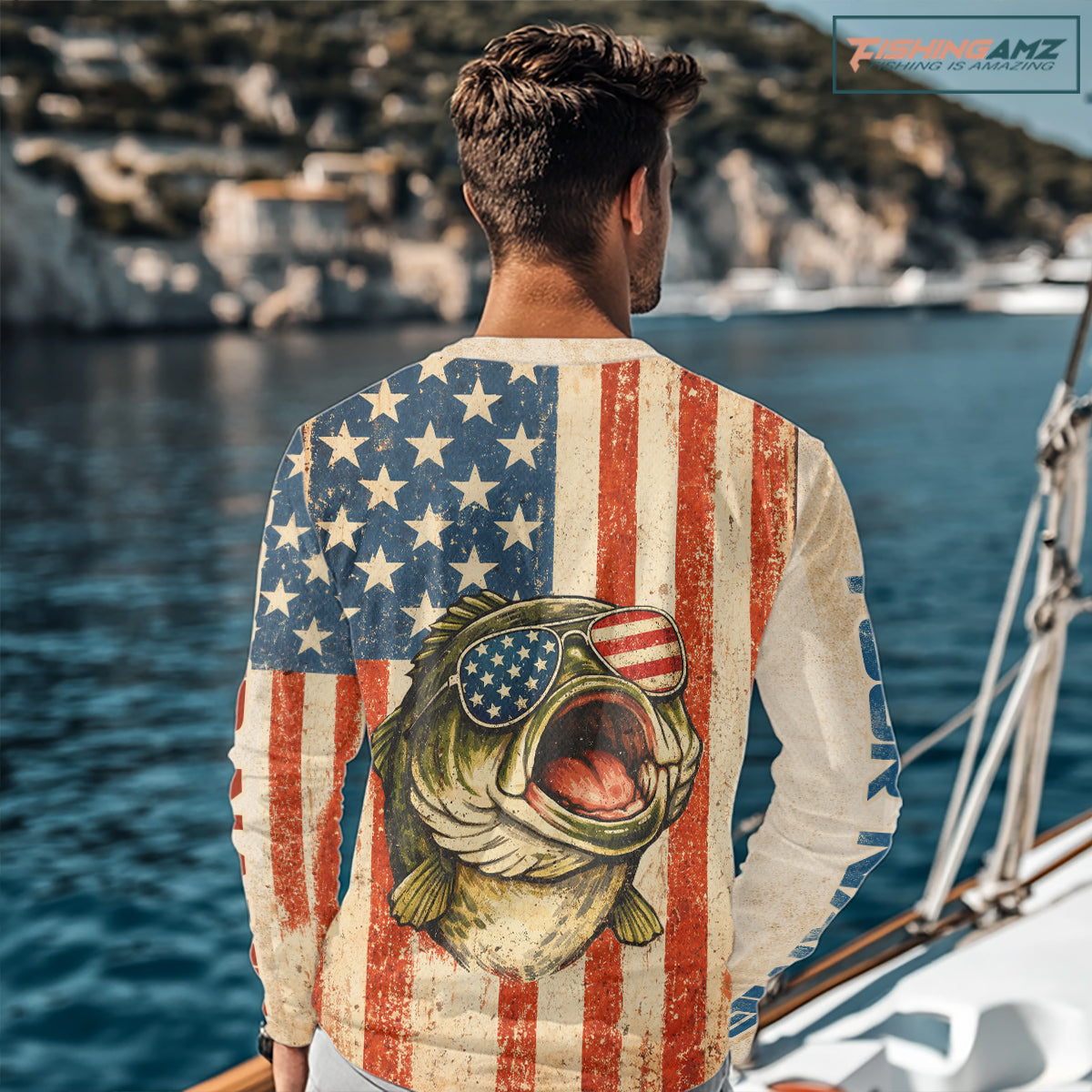 Custom Vintage Bass Funny Long Sleeve Fishing Shirt For Men, Bass Patriotic Fishing Shirt NHT601
