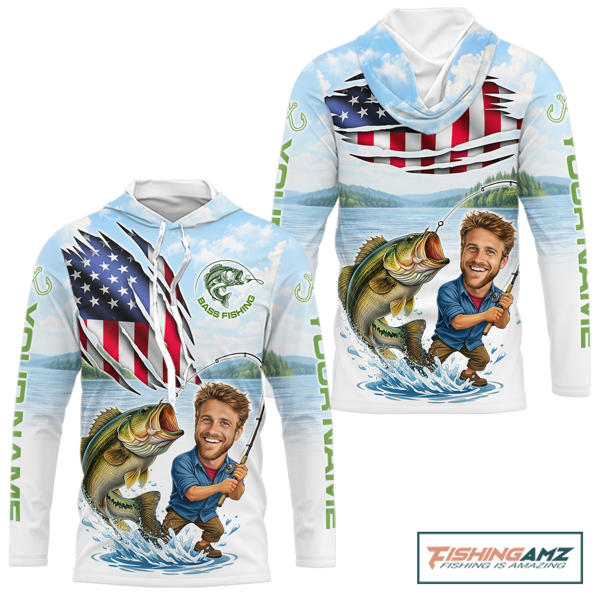 Personalized Bass Fishing Shirts Long Sleeve Hooded Custom Funny Face Bass Fishing Patriot Shirt NHT604