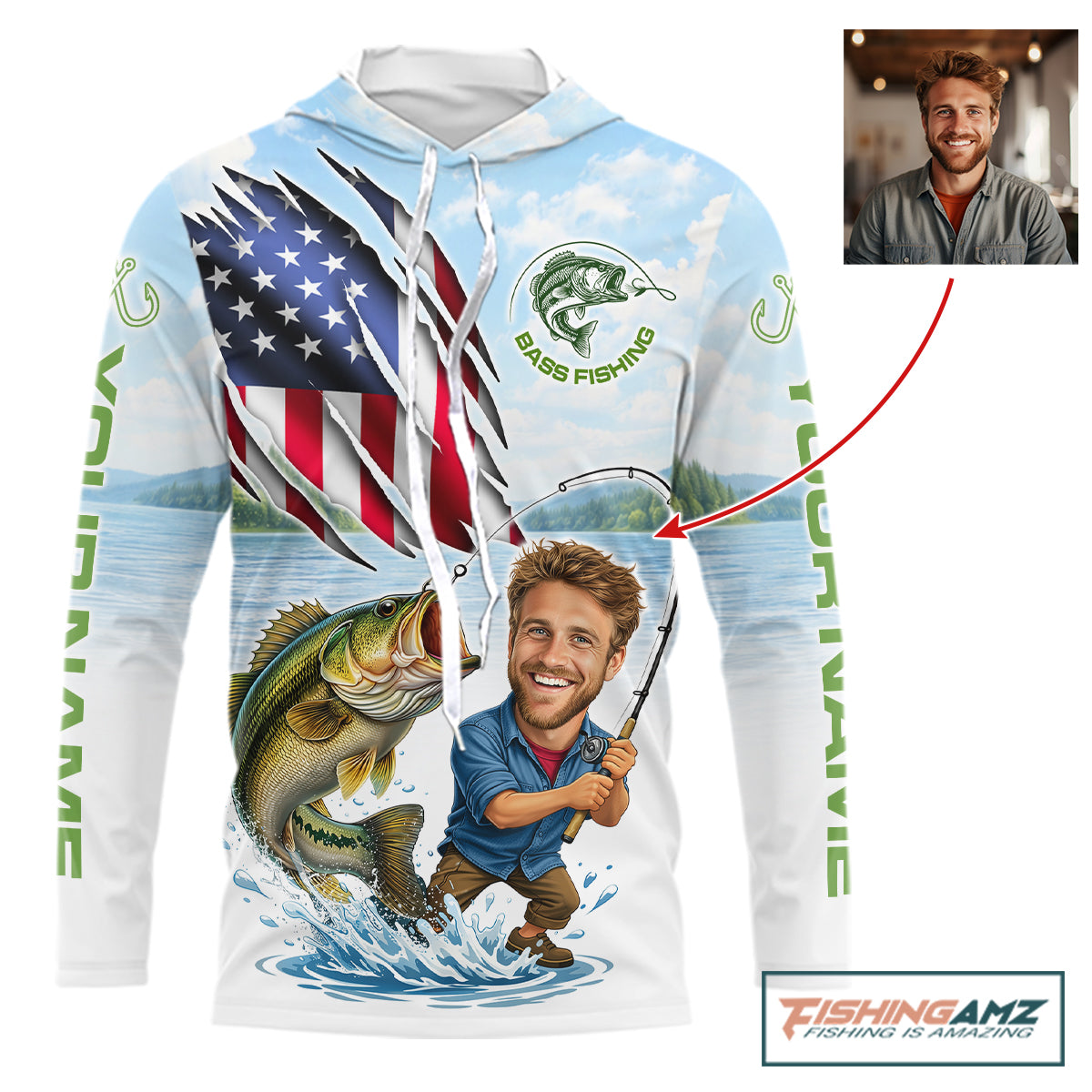 Personalized Bass Fishing Shirts Long Sleeve Hooded Custom Funny Face Bass Fishing Patriot Shirt NHT604