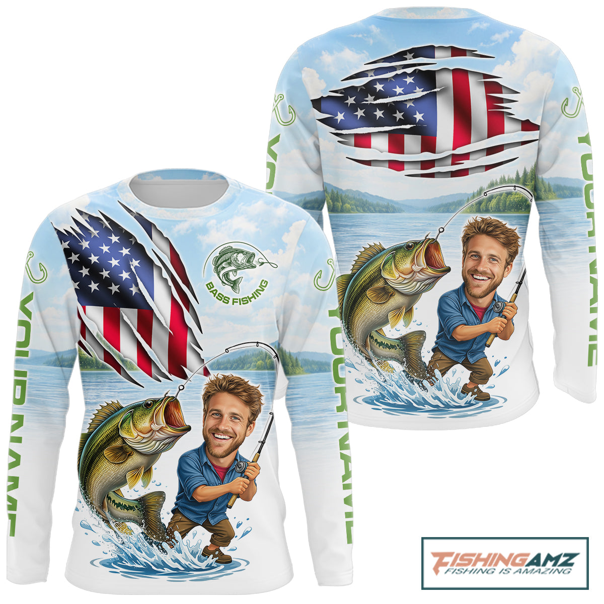 Personalized Bass Fishing Shirts Long Sleeve Custom Funny Face Bass Fishing Patriot Shirt NHT604