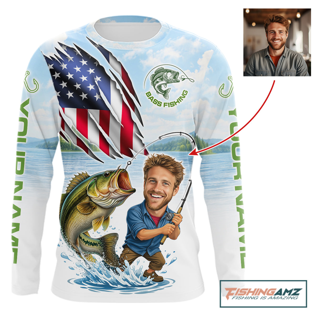 Personalized Bass Fishing Shirts Long Sleeve Custom Funny Face Bass Fishing Patriot Shirt NHT604