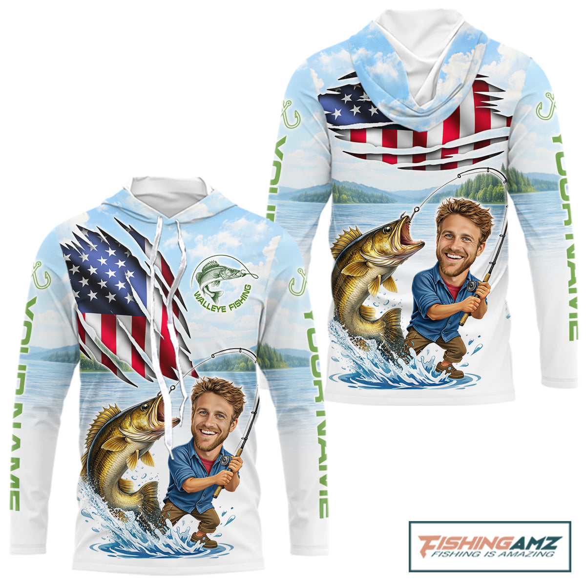 Personalized Walleye Fishing Shirts Long Sleeve Hooded Custom Funny Face Walleye Fishing Patriot Shirt  NHT605