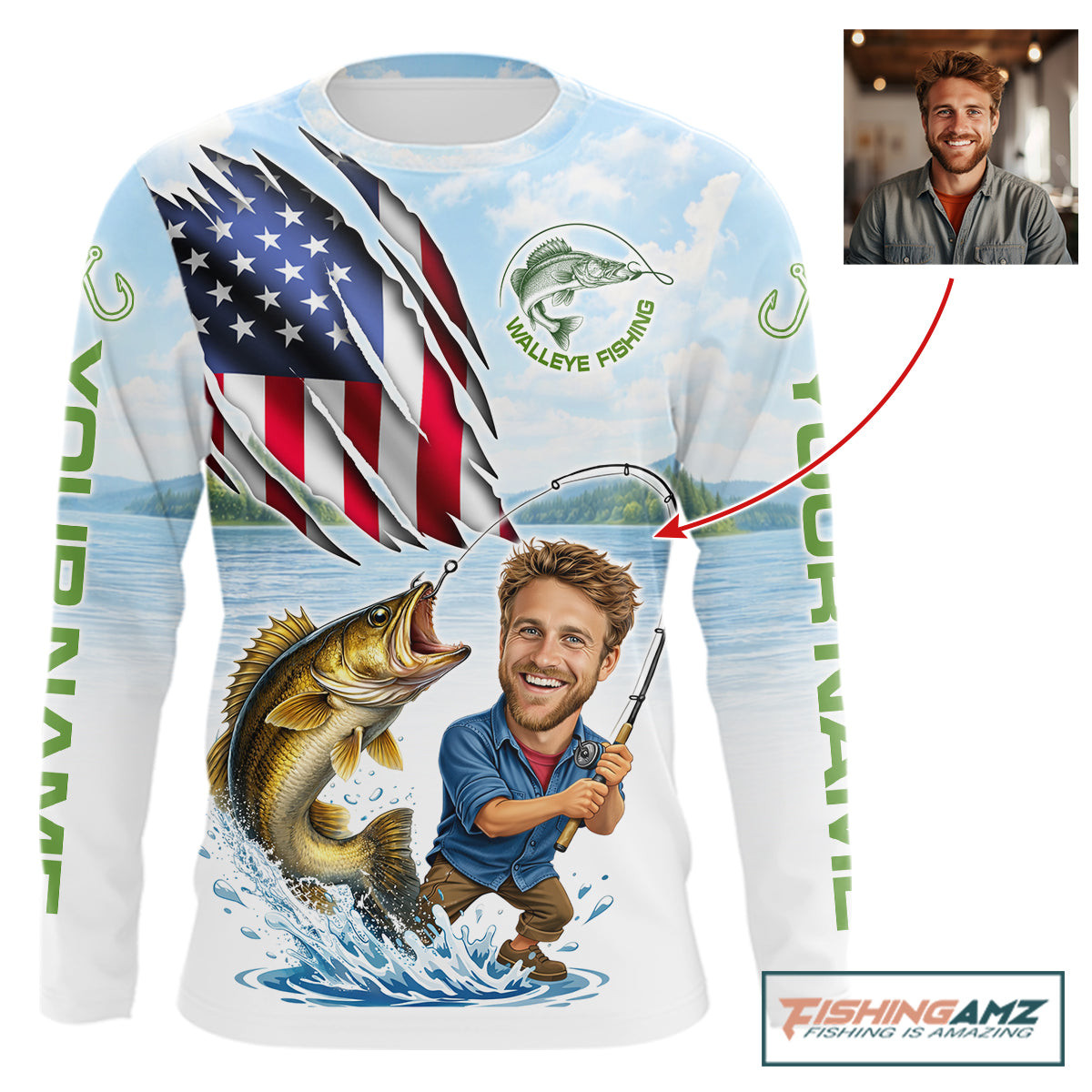 Personalized Walleye Fishing Shirts Long Sleeve Custom Funny Face Walleye Fishing Patriot Shirt NHT605