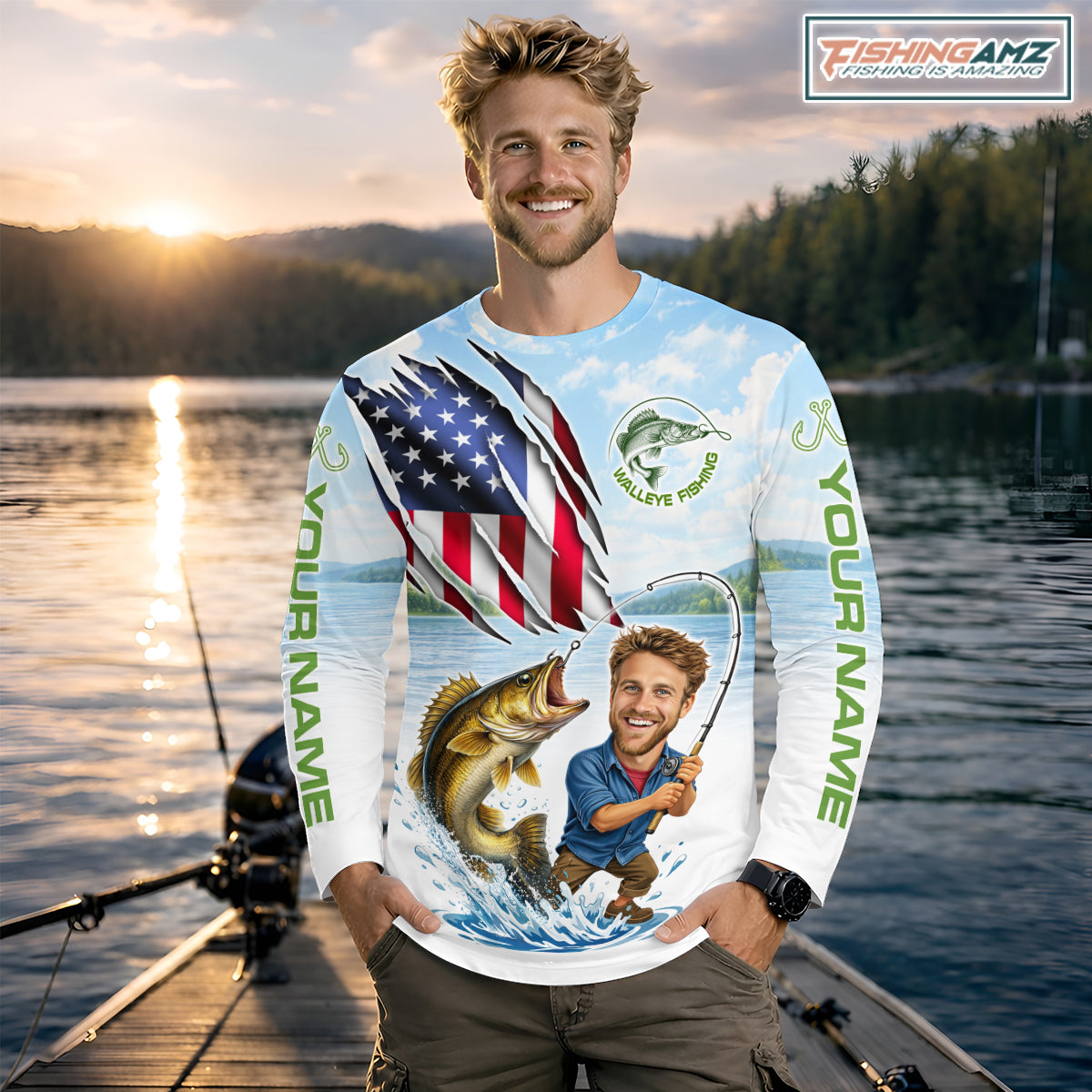Personalized Walleye Fishing Shirts Long Sleeve Custom Funny Face Walleye Fishing Patriot Shirt NHT605