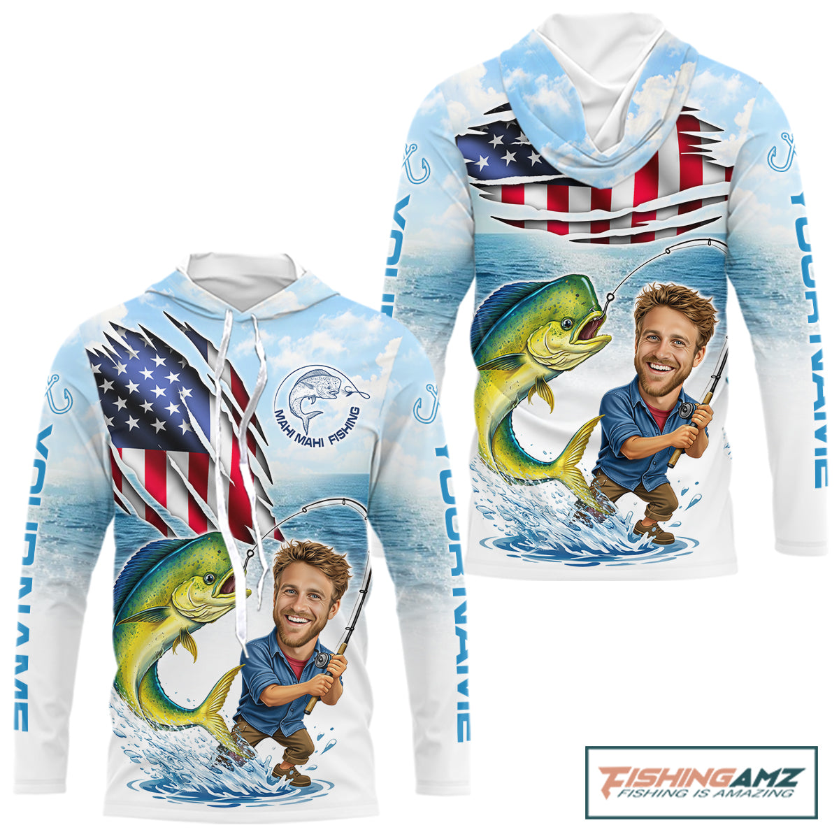Personalized Mahi Mahi Fishing Shirts Long Sleeve Hooded Custom Funny Face Mahi Mahi Fishing Patriot Shirt NHT606