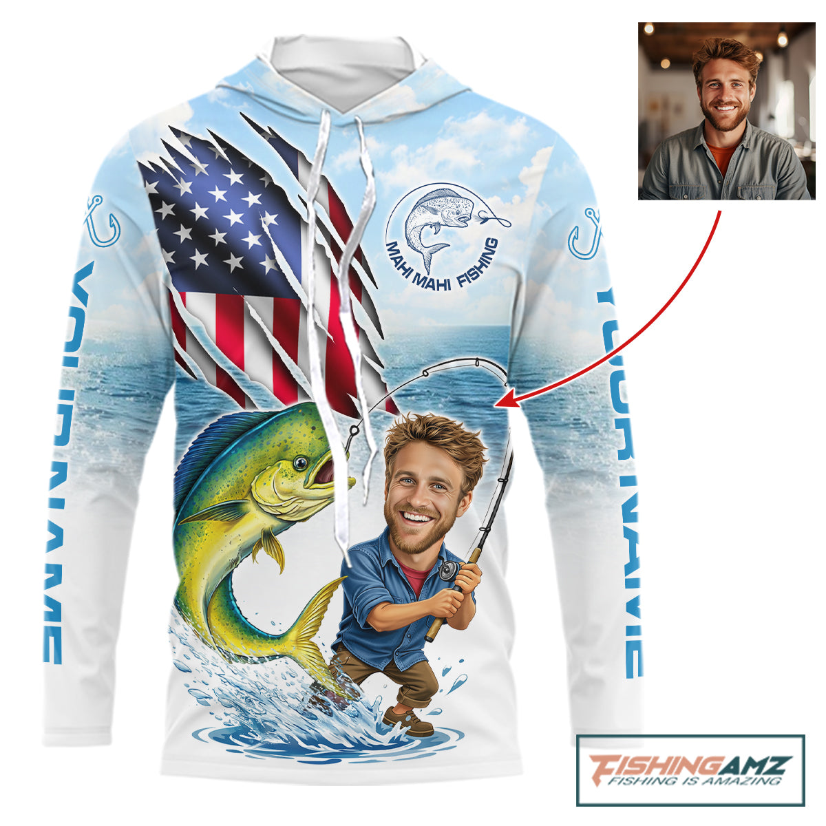 Personalized Mahi Mahi Fishing Shirts Long Sleeve Hooded Custom Funny Face Mahi Mahi Fishing Patriot Shirt NHT606
