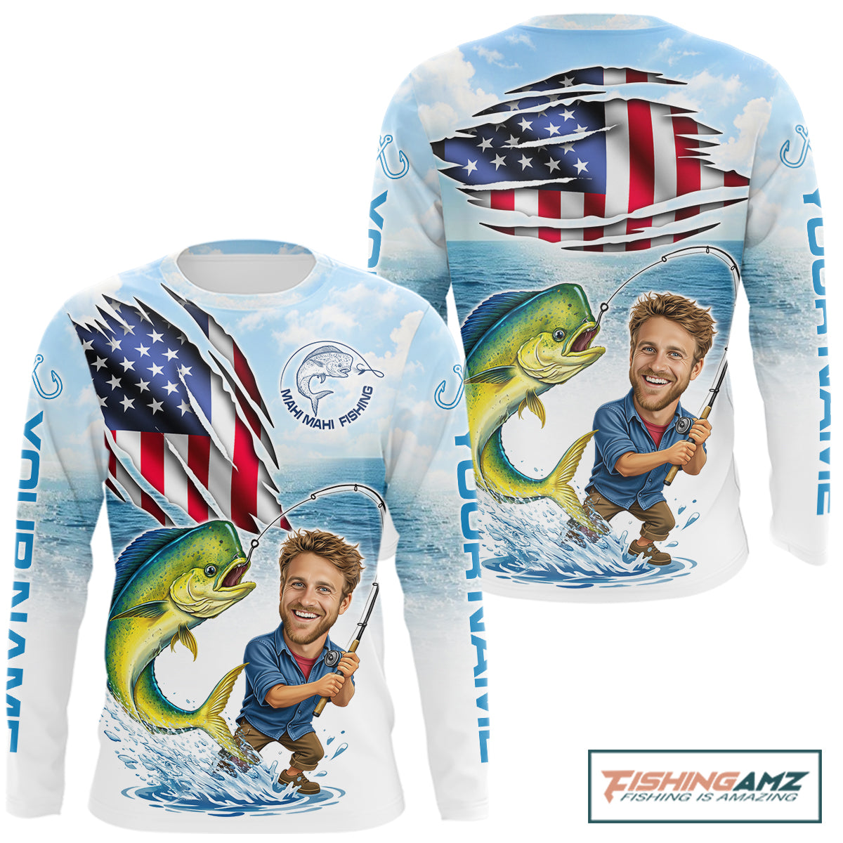 Personalized Mahi Mahi Fishing Shirts Long Sleeve Custom Funny Face Mahi Mahi Fishing Patriot Shirt NHT606