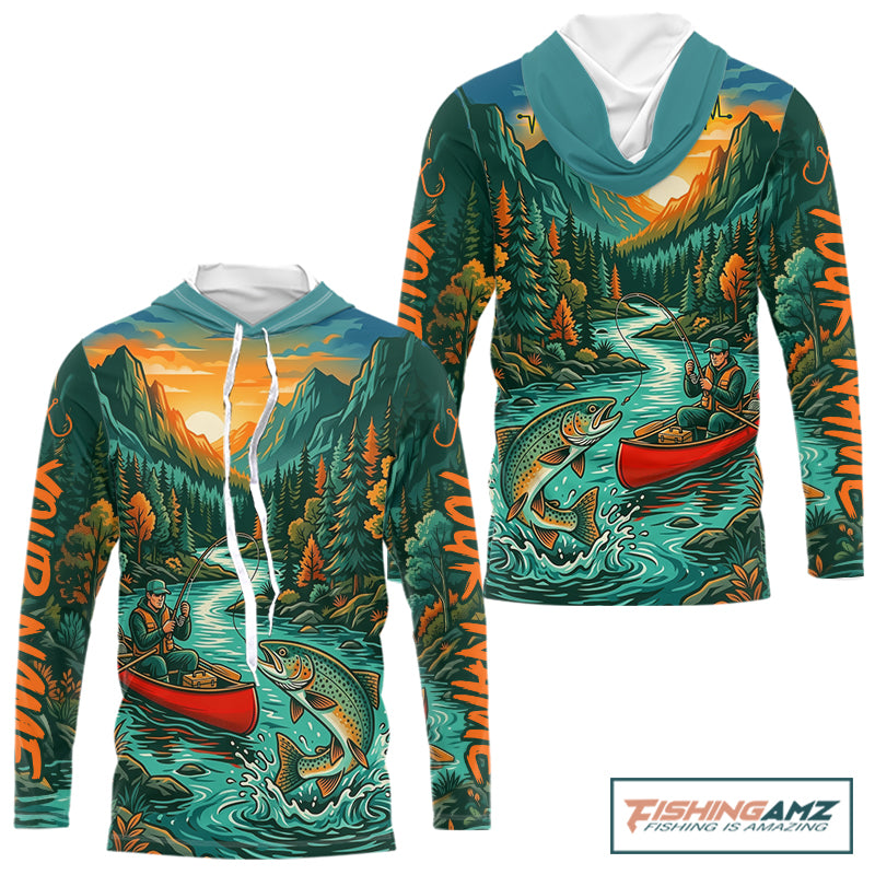 Trout Fishing 3D Long Sleeve Hooded Shirt Mountain River Landscape Fishing Apparel For Men 