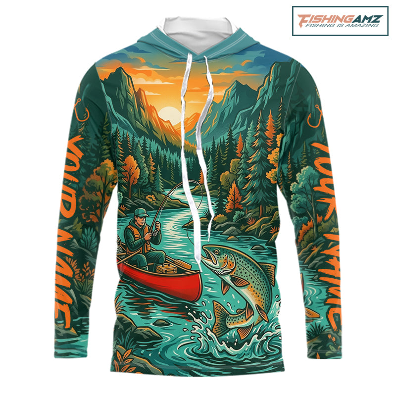 Trout Fishing 3D Long Sleeve Hooded Shirt Mountain River Landscape Fishing Apparel For Men 