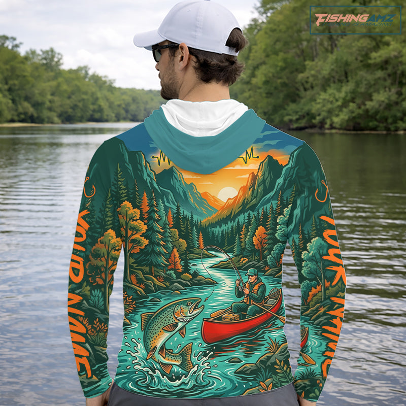 Trout Fishing 3D Long Sleeve Hooded Shirt Mountain River Landscape Fishing Apparel For Men 