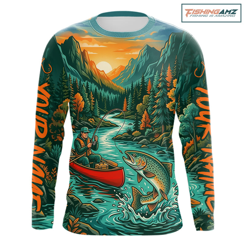 Trout Fishing 3D Long Sleeve Shirt Mountain River Landscape Fishing Apparel For Men 