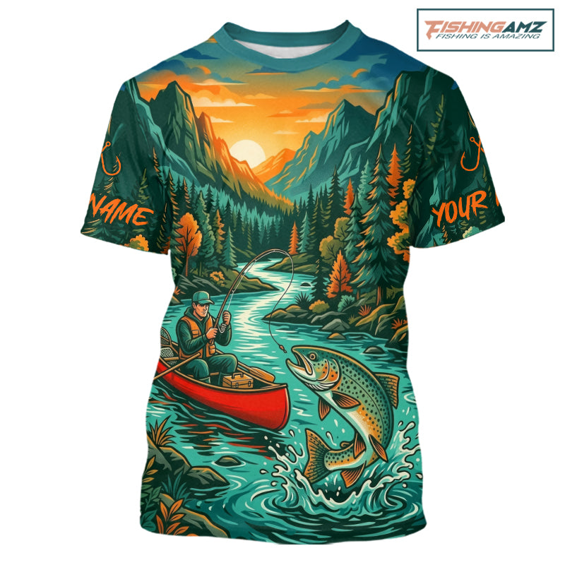 Trout Fishing 3D Short Sleeve Shirt Mountain River Landscape Fishing Apparel For Men 