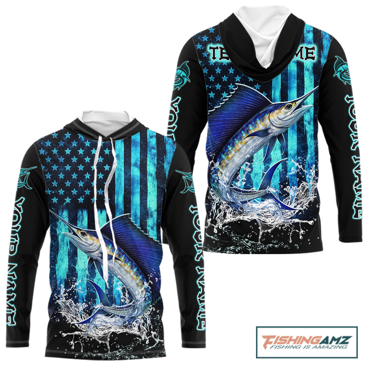 Custom Patriotic Sailfish Fishing Shirts Long Sleeve Hooded, Blue American Flag Sailfish Saltwater Fishing Shirt NHT616