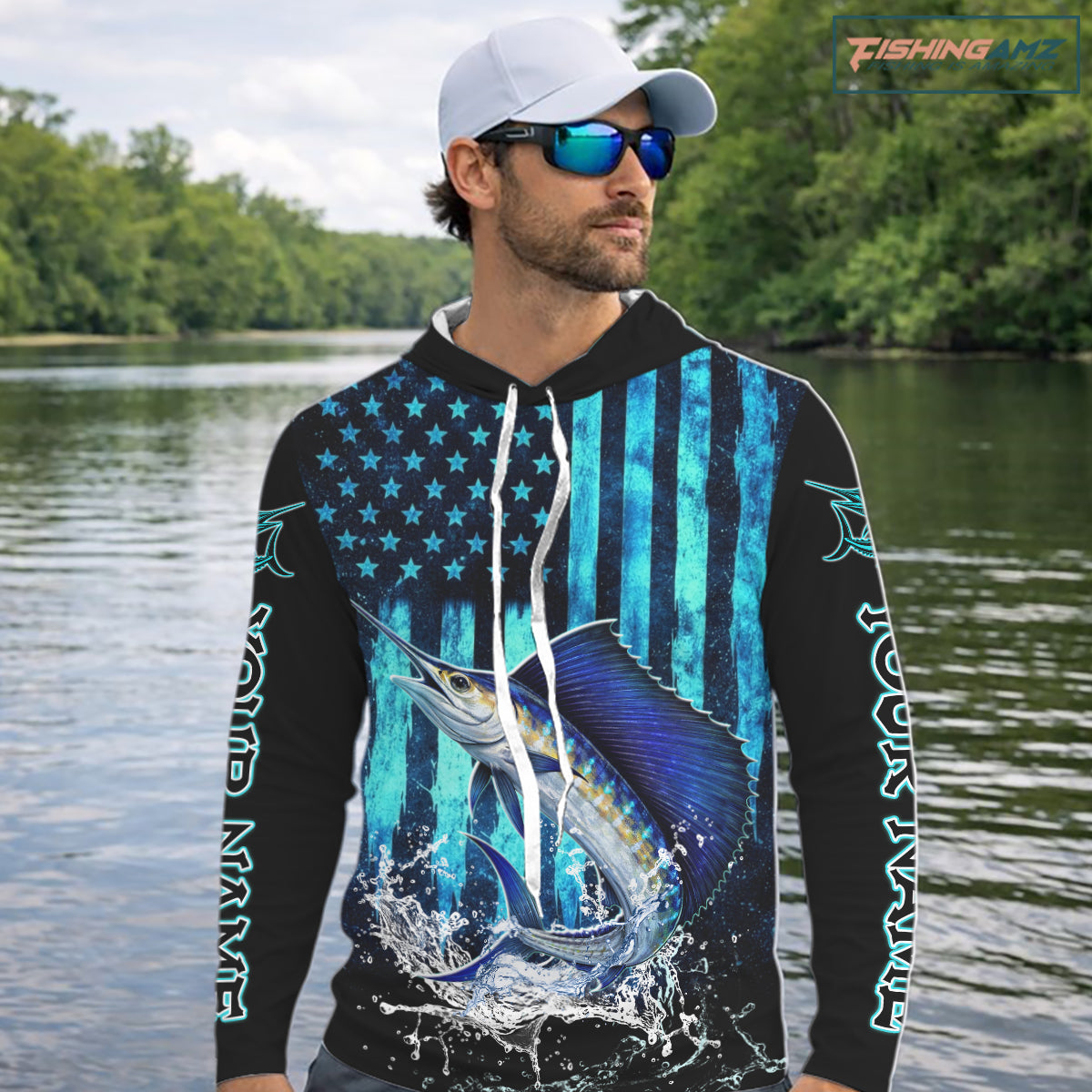 Custom Patriotic Sailfish Fishing Shirts Long Sleeve Hooded, Blue American Flag Sailfish Saltwater Fishing Shirt NHT616