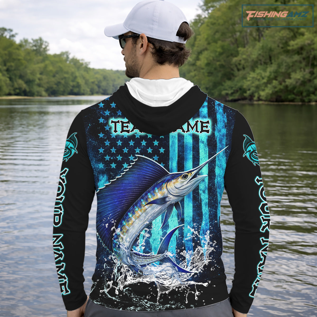 Custom Patriotic Sailfish Fishing Shirts Long Sleeve Hooded, Blue American Flag Sailfish Saltwater Fishing Shirt NHT616