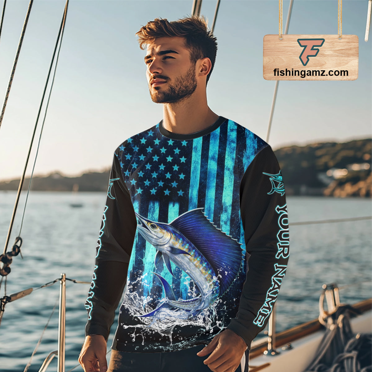 Custom Patriotic Sailfish Fishing Shirts Long Sleeve, Blue American Flag Sailfish Saltwater Fishing Shirt NHT616