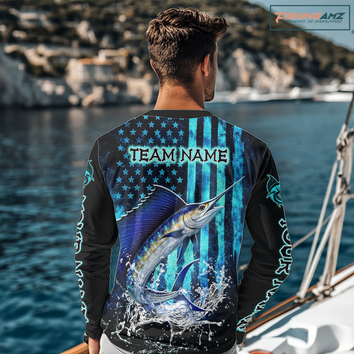 Custom Patriotic Sailfish Fishing Shirts Long Sleeve, Blue American Flag Sailfish Saltwater Fishing Shirt NHT616