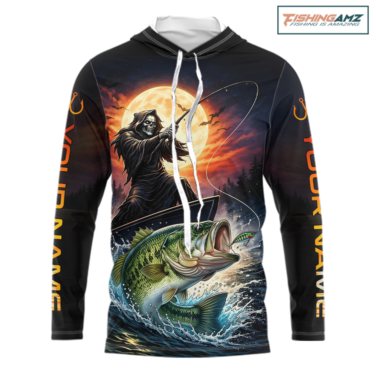 Personalized Fish Reaper Fishing Shirts Jerseys, Fish Reaper Sunset Bass Fishing Shirts Long Sleeve Hooded NHT829