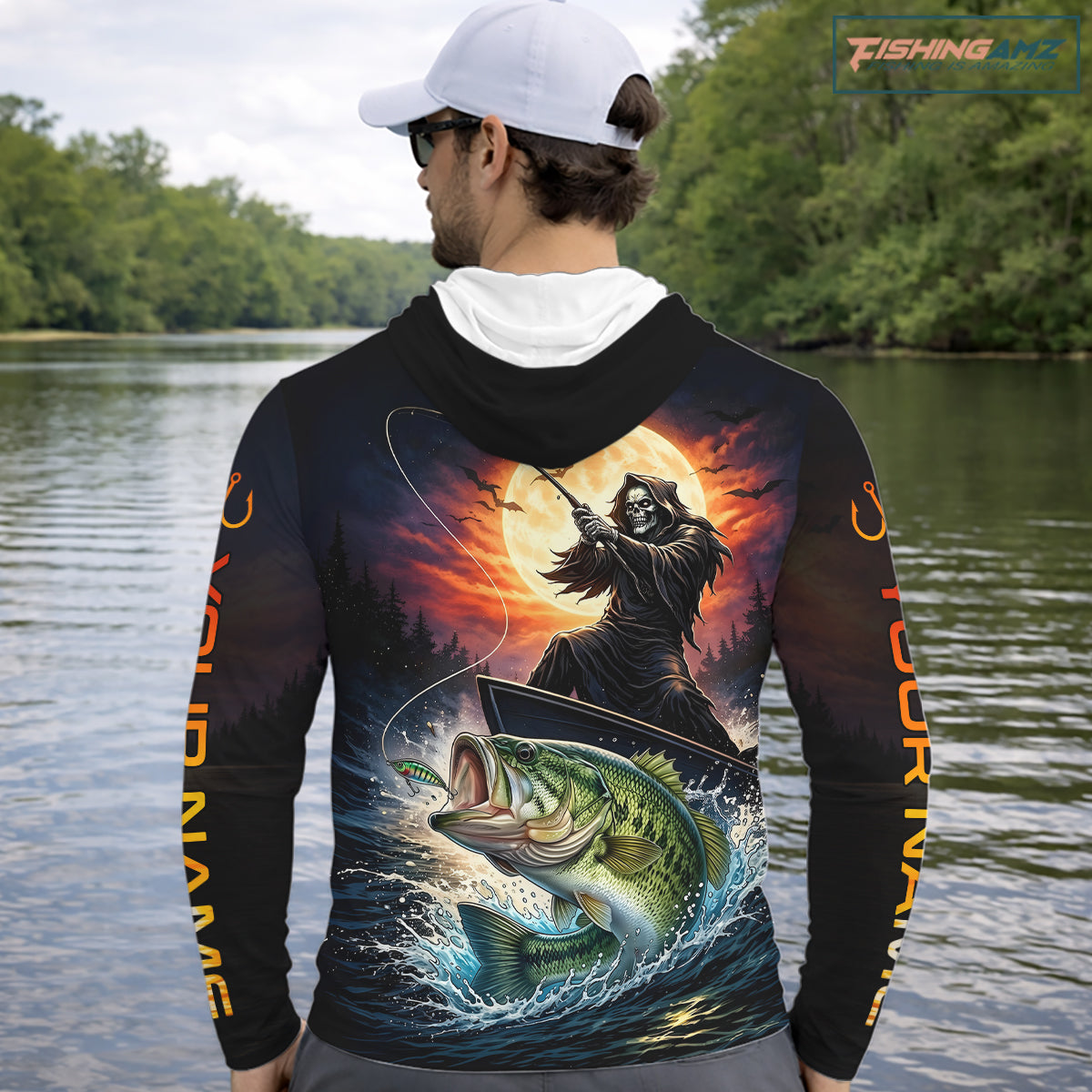 Personalized Fish Reaper Fishing Shirts Jerseys, Fish Reaper Sunset Bass Fishing Shirts Long Sleeve Hooded NHT829