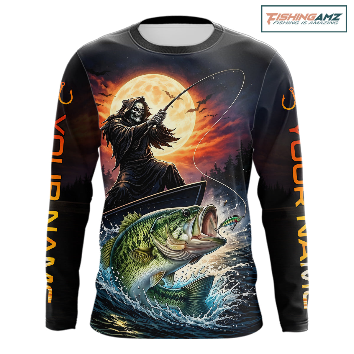 Personalized Fish Reaper Fishing Shirts Jerseys, Fish Reaper Sunset Bass Fishing Shirts Long Sleeve NHT829