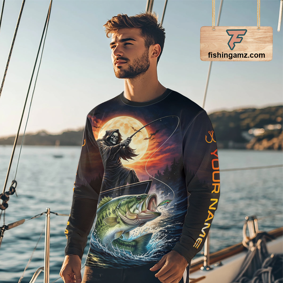Personalized Fish Reaper Fishing Shirts Jerseys, Fish Reaper Sunset Bass Fishing Shirts Long Sleeve NHT829