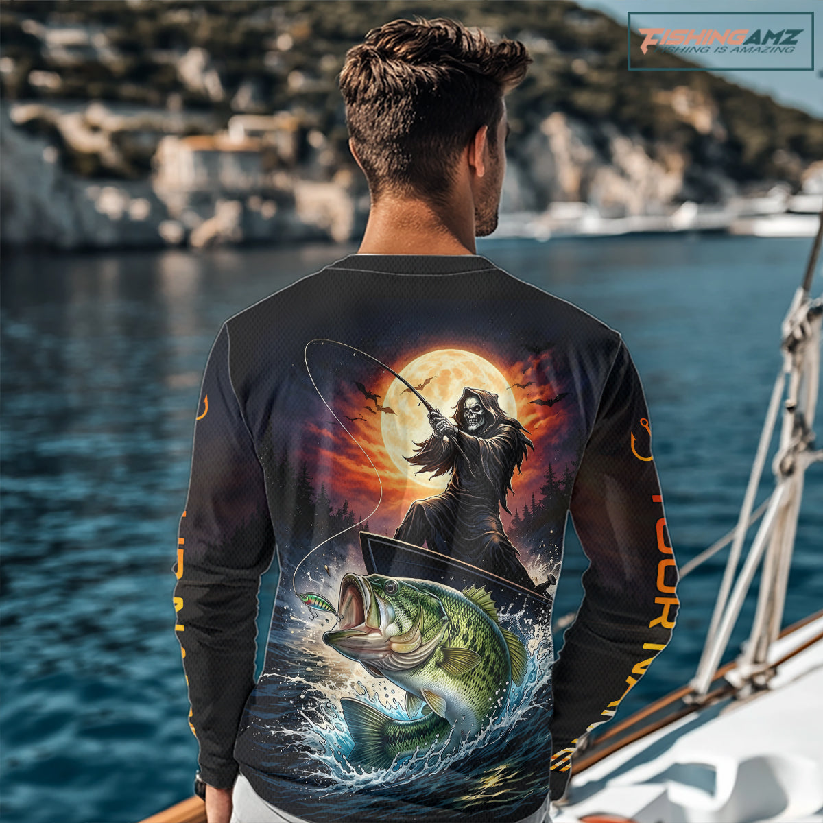 Personalized Fish Reaper Fishing Shirts Jerseys, Fish Reaper Sunset Bass Fishing Shirts Long Sleeve NHT829