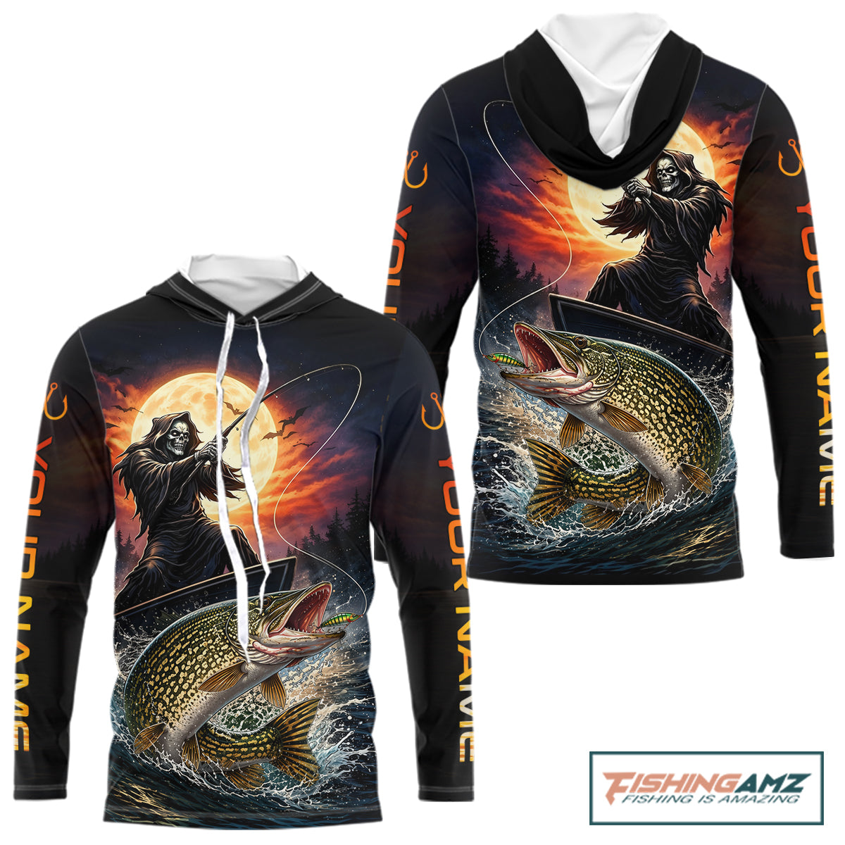 Personalized Fish Reaper Fishing Shirts Jerseys, Fish Reaper Sunset Pike Fishing Shirts Long Sleeve Hooded NHT830