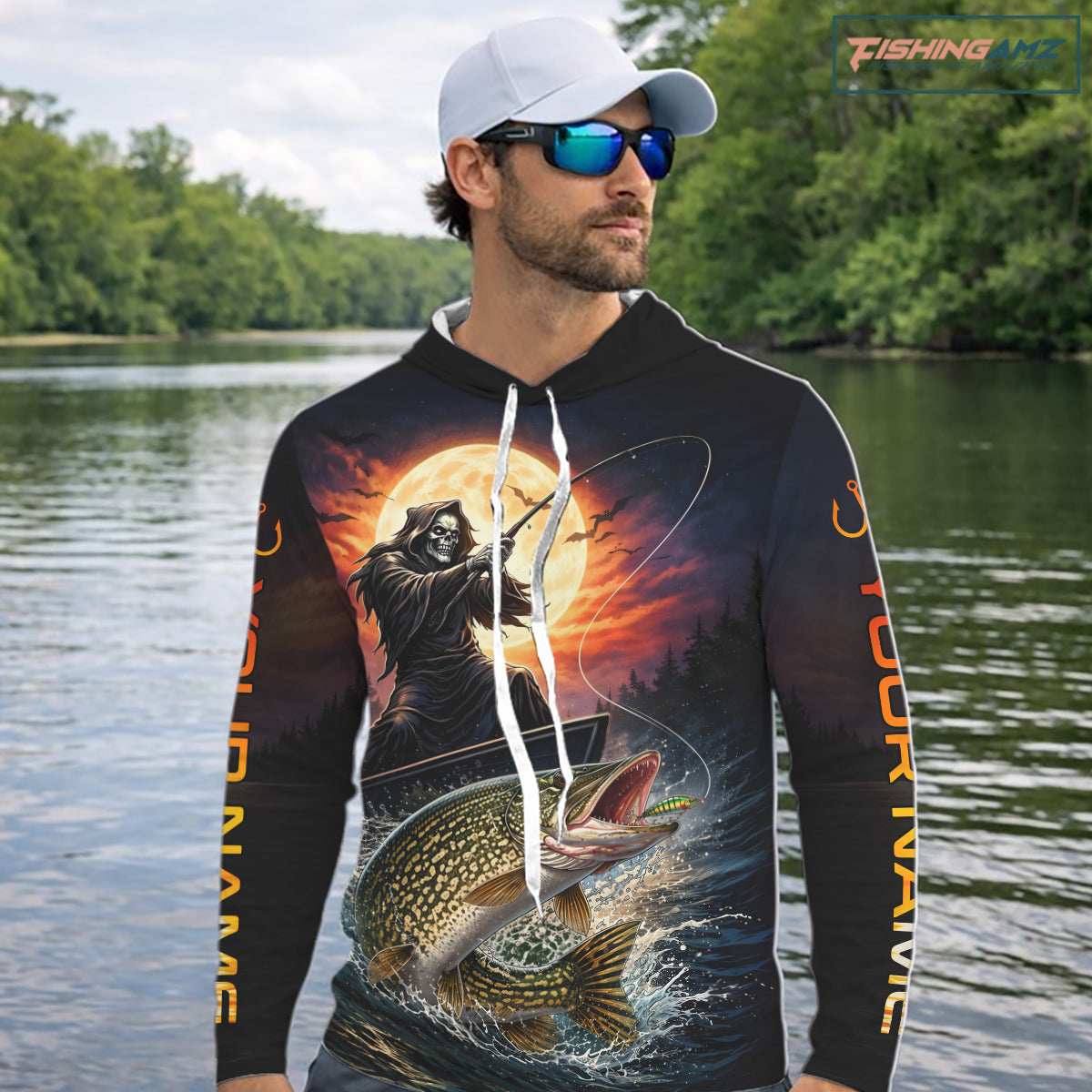 Personalized Fish Reaper Fishing Shirts Jerseys, Fish Reaper Sunset Pike Fishing Shirts Long Sleeve Hooded NHT830