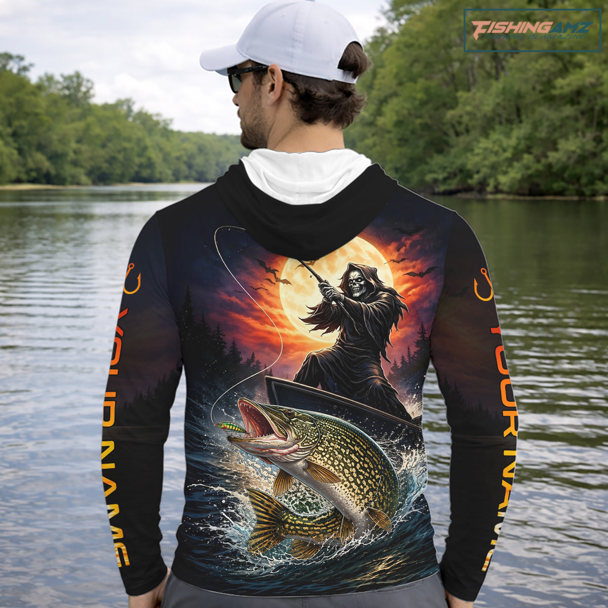 Personalized Fish Reaper Fishing Shirts Jerseys, Fish Reaper Sunset Pike Fishing Shirts Long Sleeve Hooded NHT830