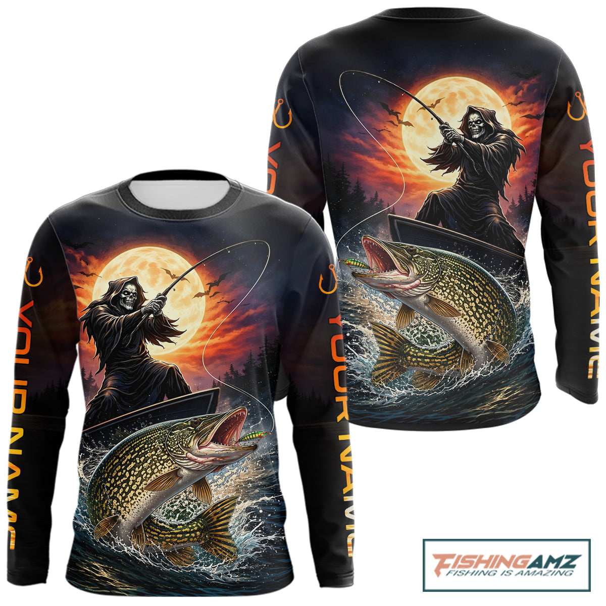 Personalized Fish Reaper Fishing Shirts Jerseys, Fish Reaper Sunset Pike Fishing Shirts Long Sleeve NHT830