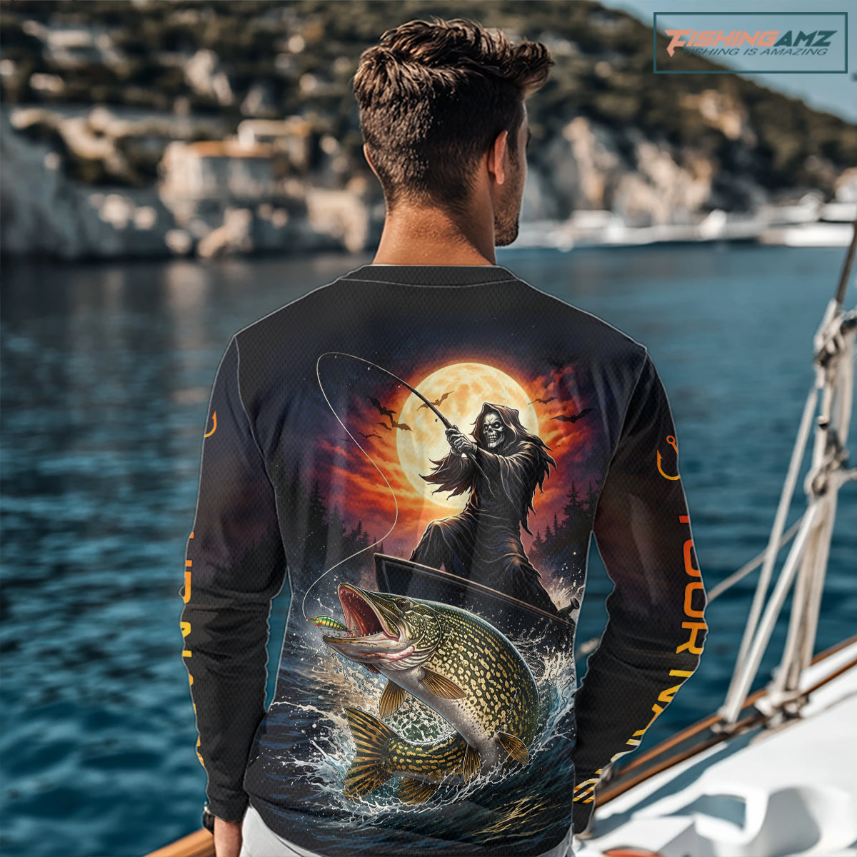 Personalized Fish Reaper Fishing Shirts Jerseys, Fish Reaper Sunset Pike Fishing Shirts Long Sleeve NHT830