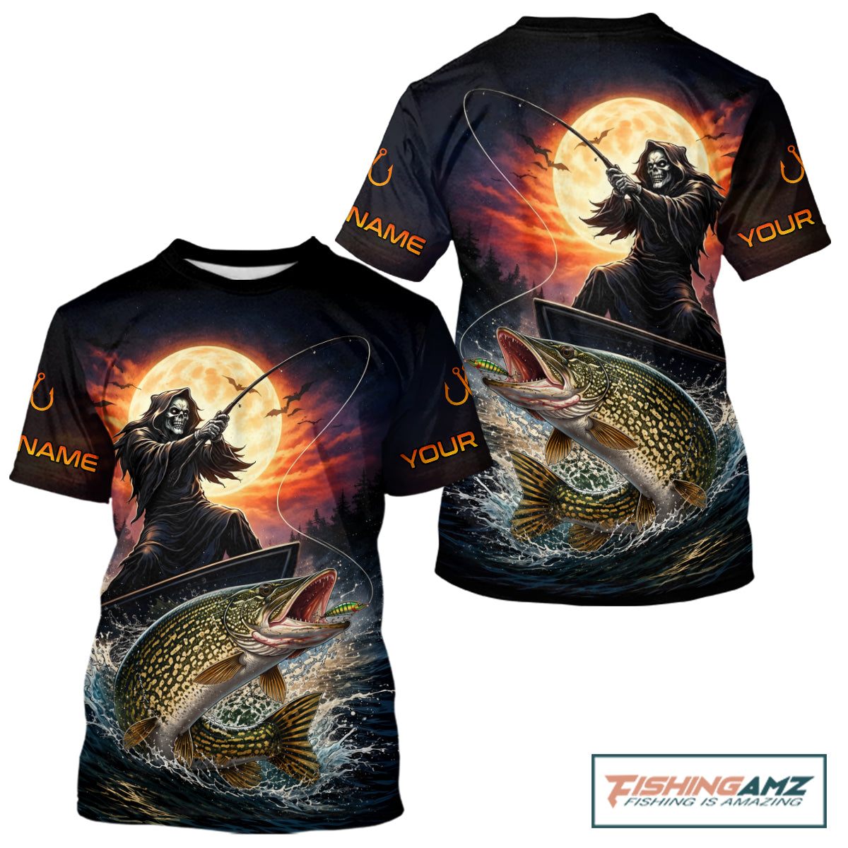 Personalized Fish Reaper Fishing Shirts Jerseys, Fish Reaper Sunset Pike Fishing Shirts T - Shirt NHT830
