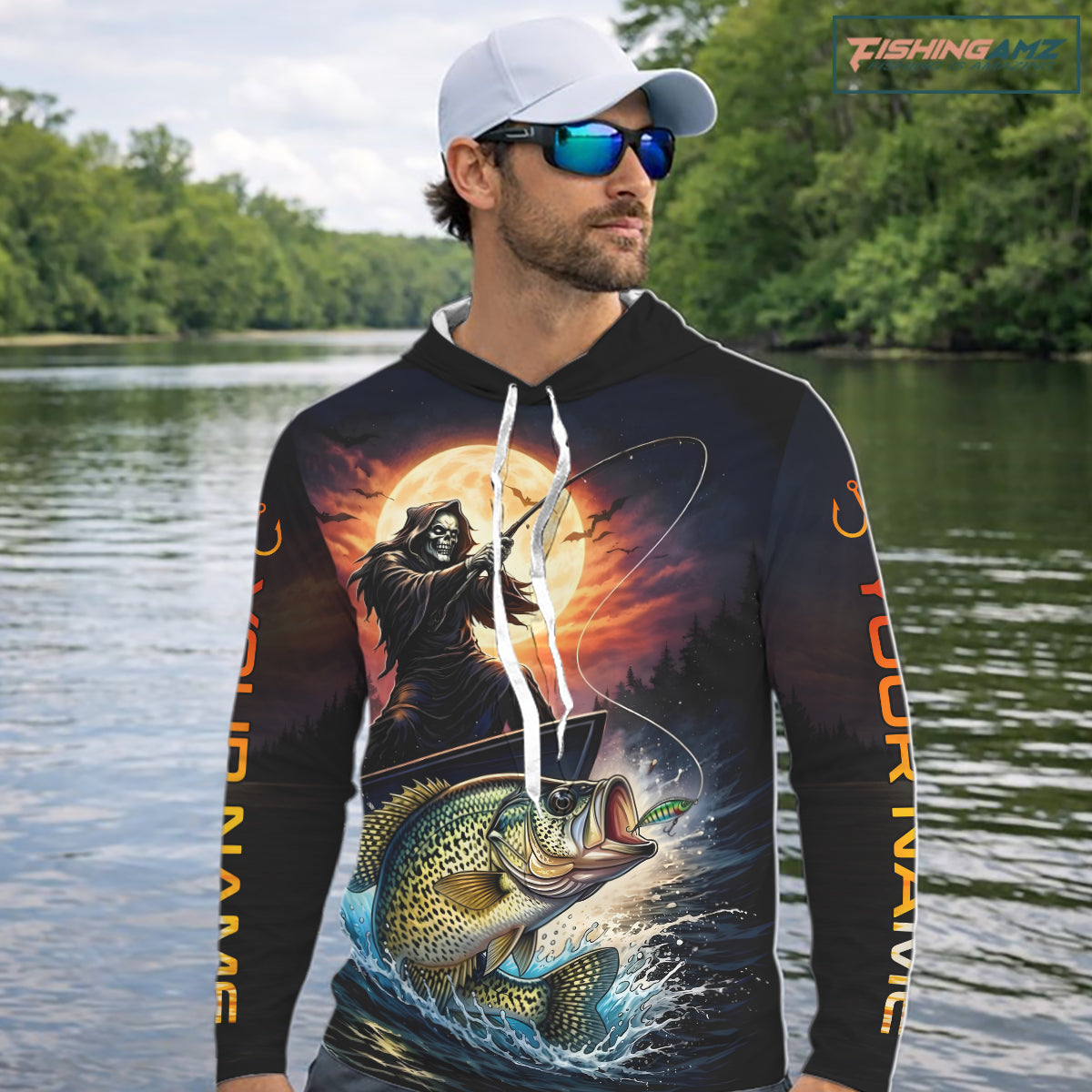 Personalized Fish Reaper Fishing Shirts Jerseys, Fish Reaper Sunset Crappie Fishing Shirts Long Sleeve Hooded NHT831