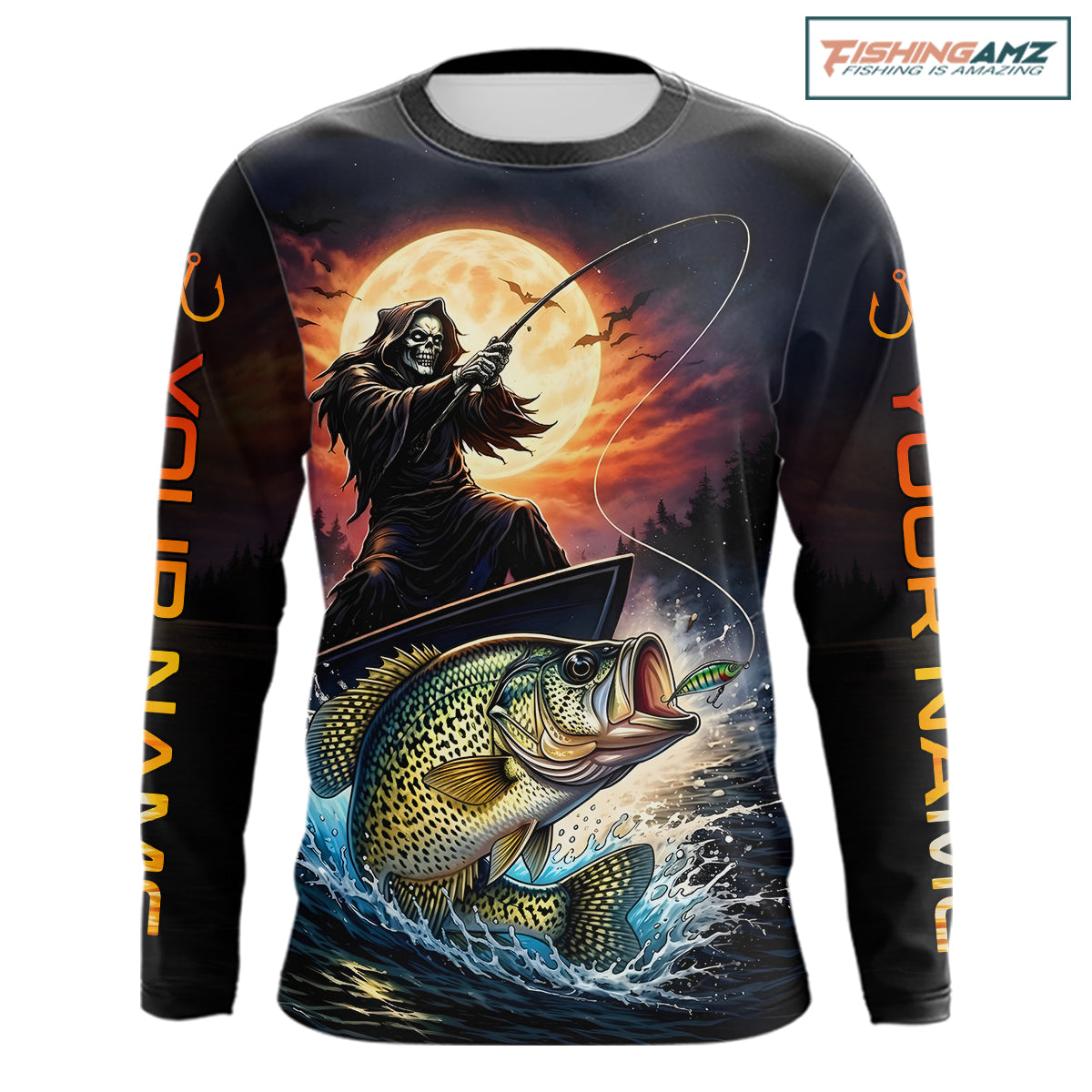 Personalized Fish Reaper Fishing Shirts Jerseys, Fish Reaper Sunset Crappie Fishing Shirts Long Sleeve NHT831